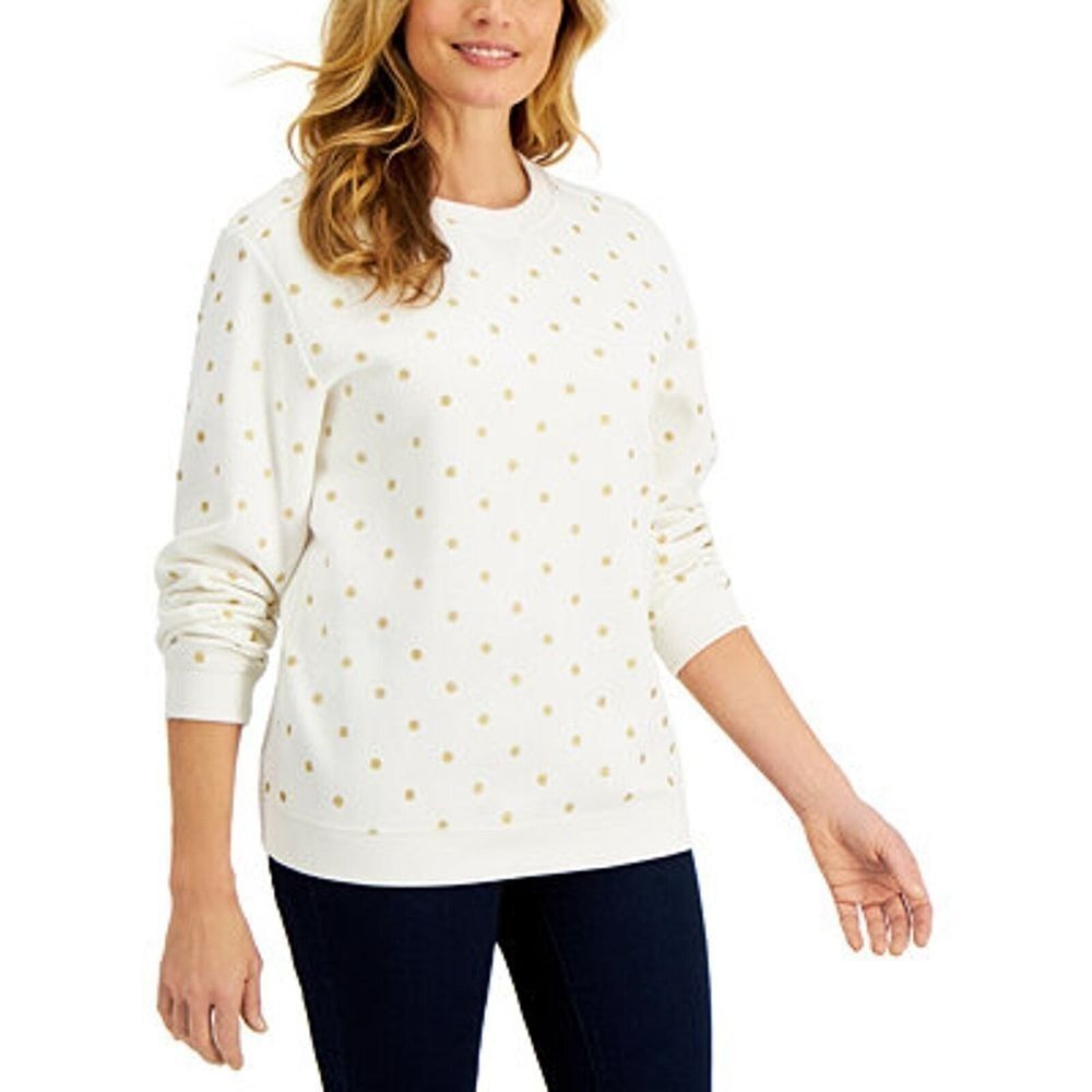 Karen Scott Sweatshirt Women XS Cream Gold Polka Dot Crewneck Pullover Casual